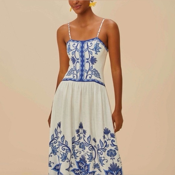 NEW FARM Rio Off-White Shell Garden
Midi Dress Beaded Straps Linen Blue Size XL - Picture 2 of 16